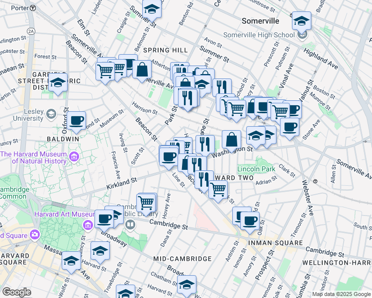 map of restaurants, bars, coffee shops, grocery stores, and more near 7 Durham Street in Somerville