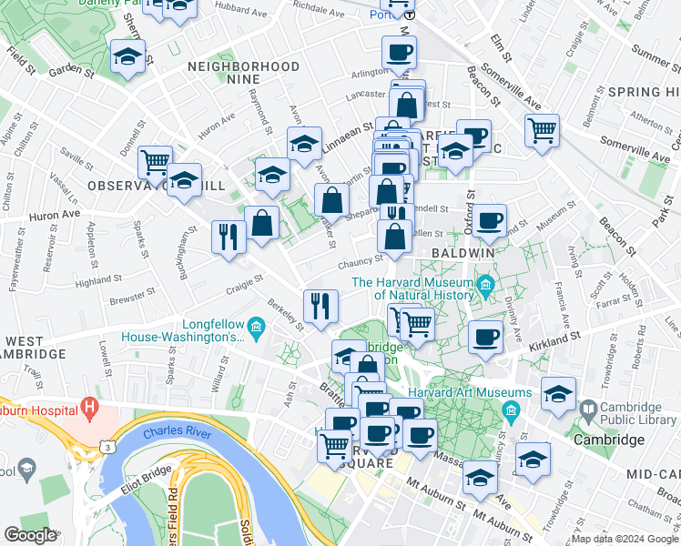 map of restaurants, bars, coffee shops, grocery stores, and more near 16 Chauncy Street in Cambridge