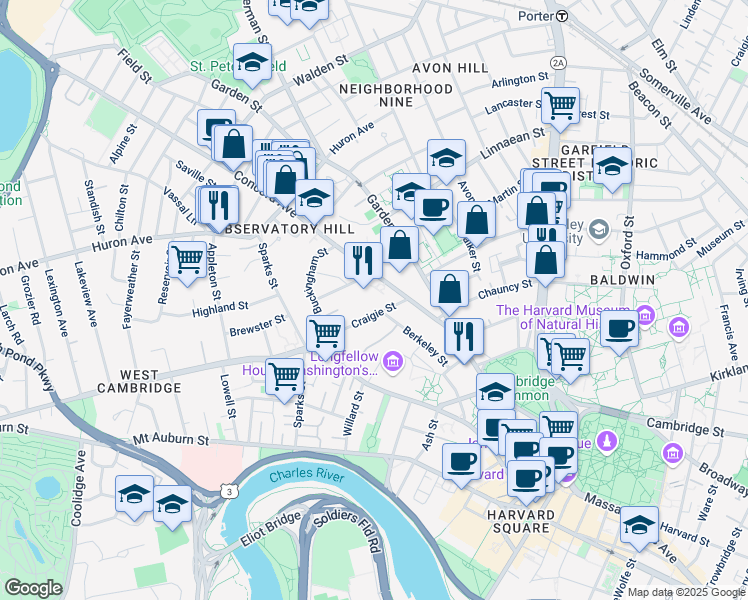 map of restaurants, bars, coffee shops, grocery stores, and more near 36 Concord Avenue in Cambridge