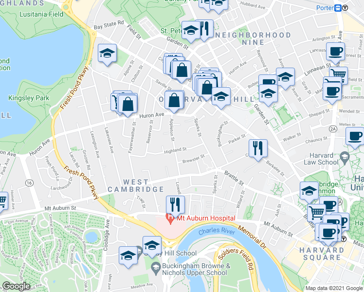 map of restaurants, bars, coffee shops, grocery stores, and more near 23 Highland Street in Cambridge