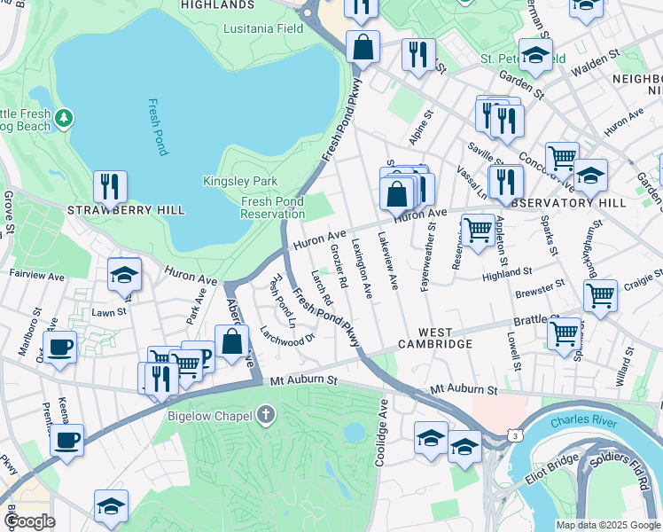 map of restaurants, bars, coffee shops, grocery stores, and more near 66 Grozier Road in Cambridge