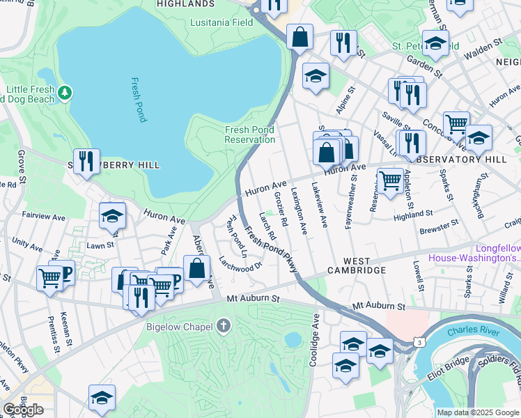 map of restaurants, bars, coffee shops, grocery stores, and more near 138 Larch Road in Cambridge