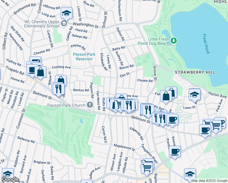 map of restaurants, bars, coffee shops, grocery stores, and more near 540 School Street in Belmont