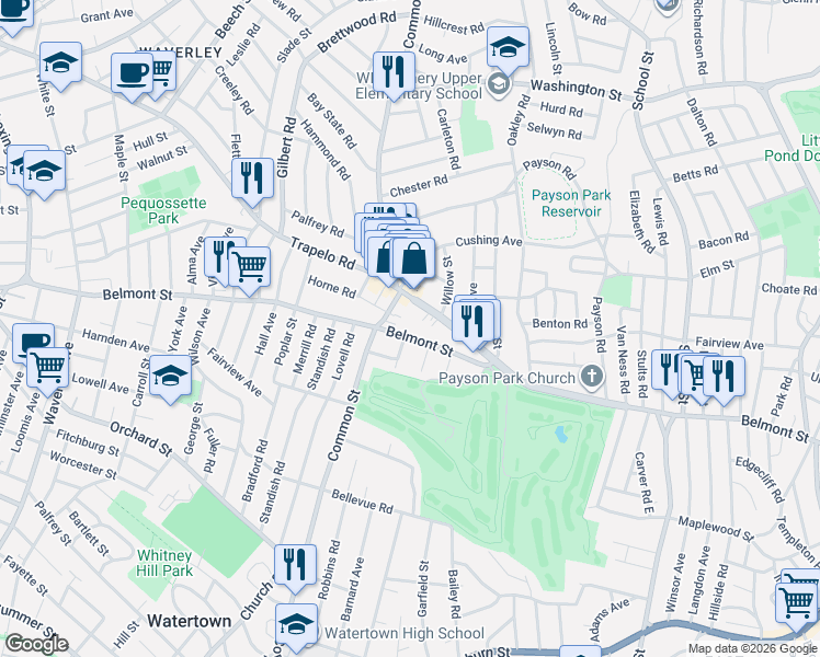 map of restaurants, bars, coffee shops, grocery stores, and more near 48 Trapelo Road in Belmont