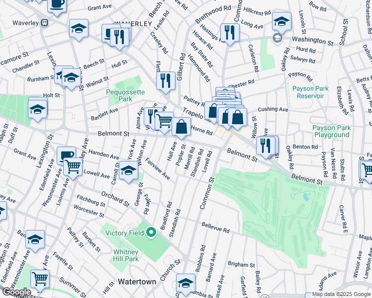 map of restaurants, bars, coffee shops, grocery stores, and more near 9 Merrill Road in Watertown