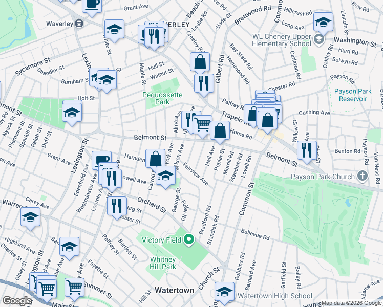 map of restaurants, bars, coffee shops, grocery stores, and more near 23 Hardy Avenue in Watertown