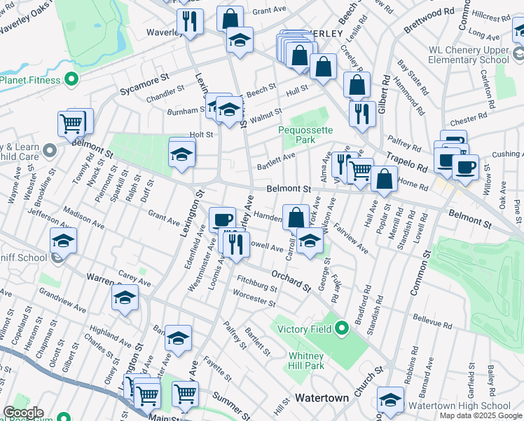 map of restaurants, bars, coffee shops, grocery stores, and more near 289 Waverley Avenue in Watertown