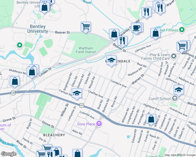 map of restaurants, bars, coffee shops, grocery stores, and more near 55 Mayall Road in Waltham