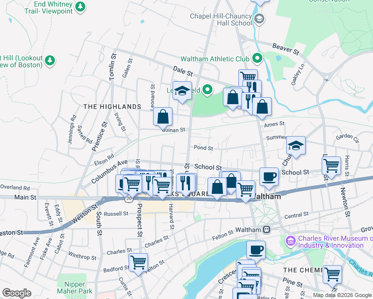 map of restaurants, bars, coffee shops, grocery stores, and more near 88 Bacon Street in Waltham