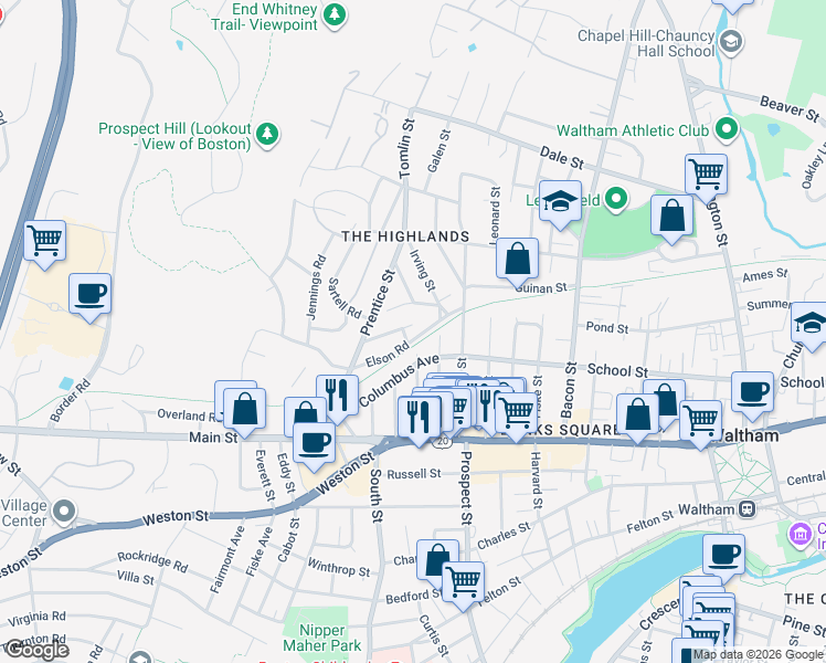 map of restaurants, bars, coffee shops, grocery stores, and more near 70 Elson Road in Waltham