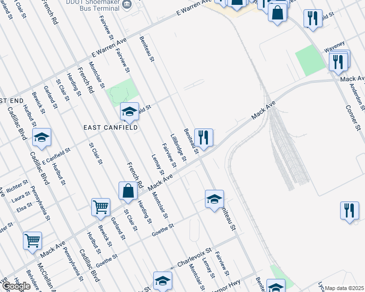 map of restaurants, bars, coffee shops, grocery stores, and more near 3894 Lillibridge Street in Detroit