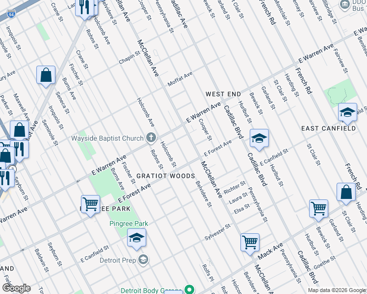 map of restaurants, bars, coffee shops, grocery stores, and more near 4797 Belvidere Street in Detroit