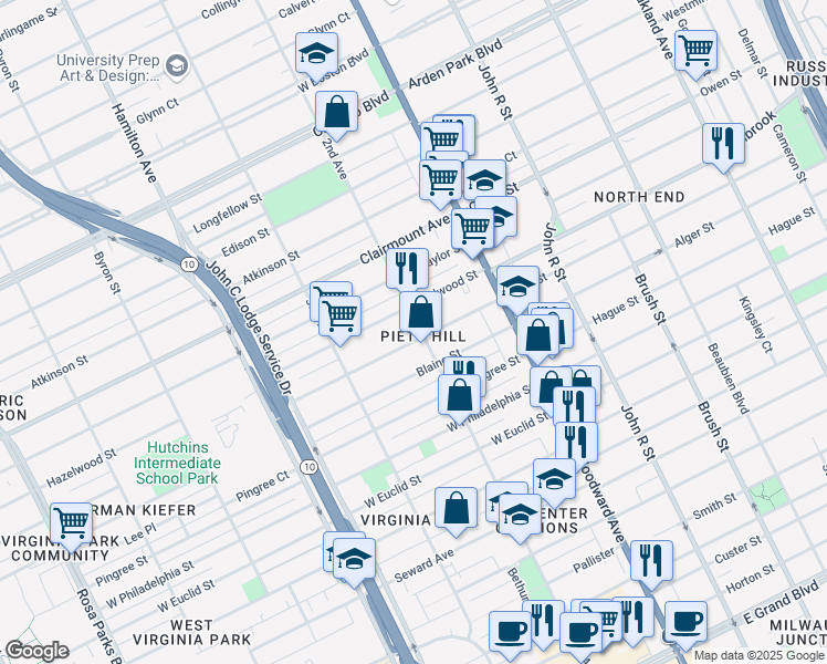 map of restaurants, bars, coffee shops, grocery stores, and more near 8825 2nd Avenue in Detroit