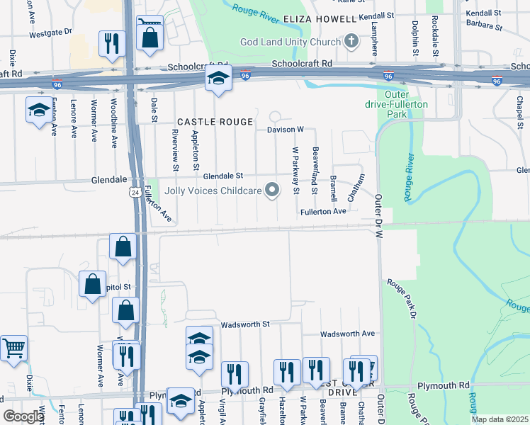 map of restaurants, bars, coffee shops, grocery stores, and more near 12636 Grayfield Street in Detroit