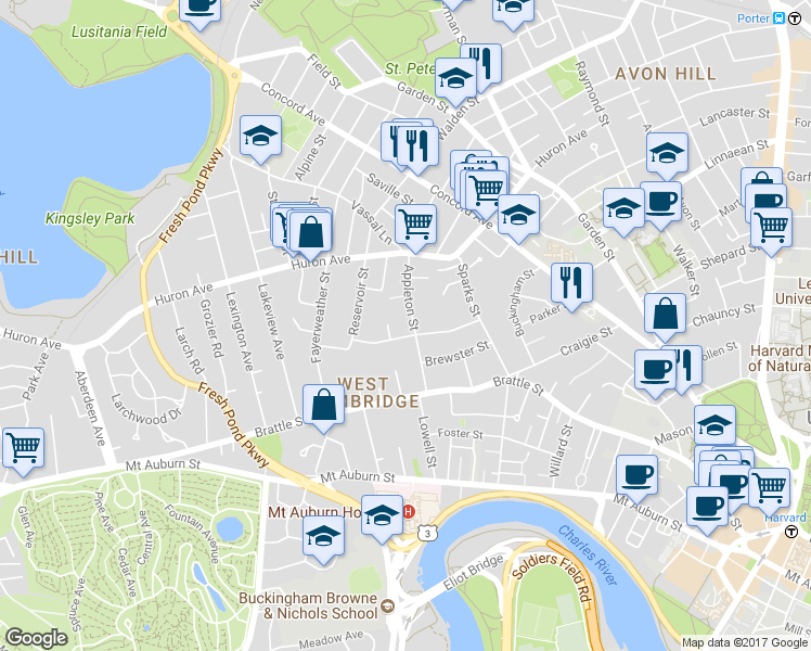 map of restaurants, bars, coffee shops, grocery stores, and more near 71 Appleton Street in Cambridge