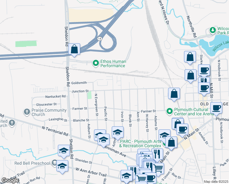 map of restaurants, bars, coffee shops, grocery stores, and more near 1183 Junction Street in Plymouth