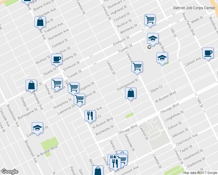 map of restaurants, bars, coffee shops, grocery stores, and more near 2981 Lawrence Street in Detroit