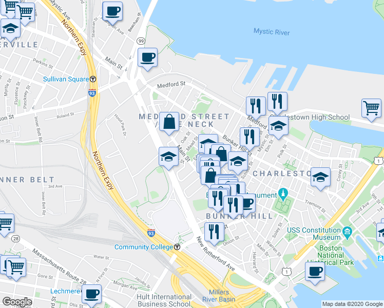 map of restaurants, bars, coffee shops, grocery stores, and more near 10 Eden Street in Boston