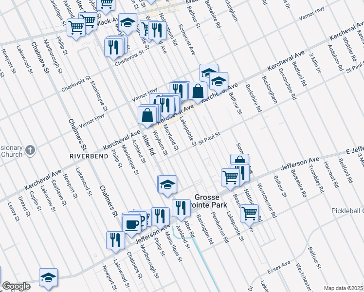 map of restaurants, bars, coffee shops, grocery stores, and more near 1106 Maryland Street in Grosse Pointe