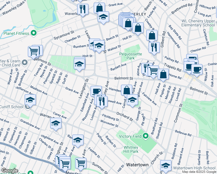 map of restaurants, bars, coffee shops, grocery stores, and more near 289 Waverley Avenue in Watertown