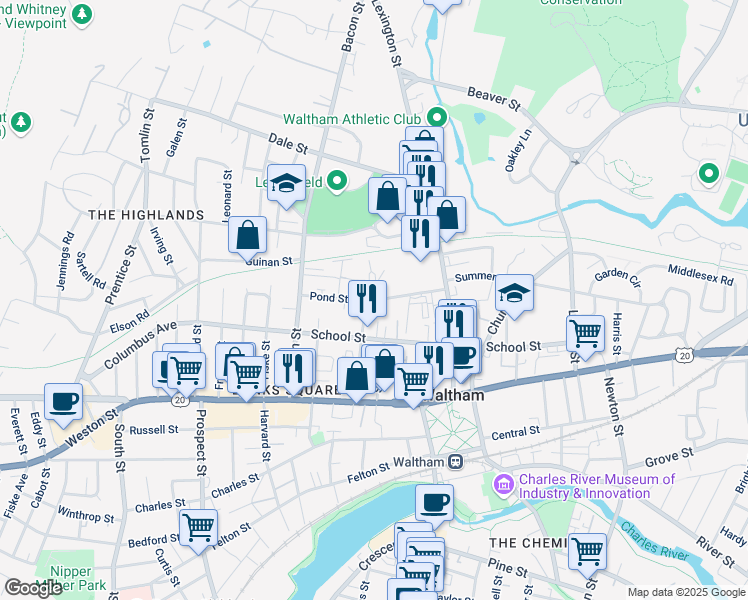 map of restaurants, bars, coffee shops, grocery stores, and more near Pond Street in Waltham