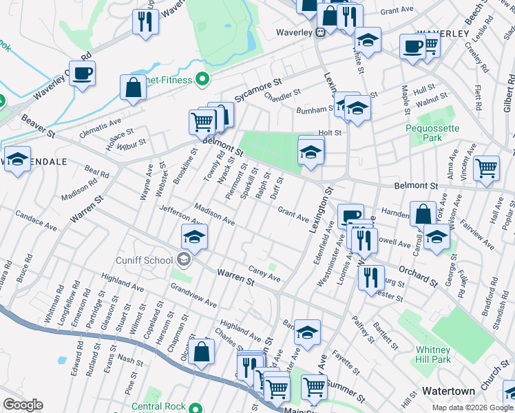 map of restaurants, bars, coffee shops, grocery stores, and more near 58 Ralph Street in Watertown