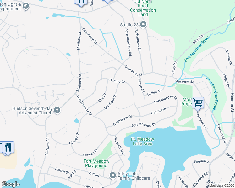 map of restaurants, bars, coffee shops, grocery stores, and more near 23 Michigan Drive in Hudson