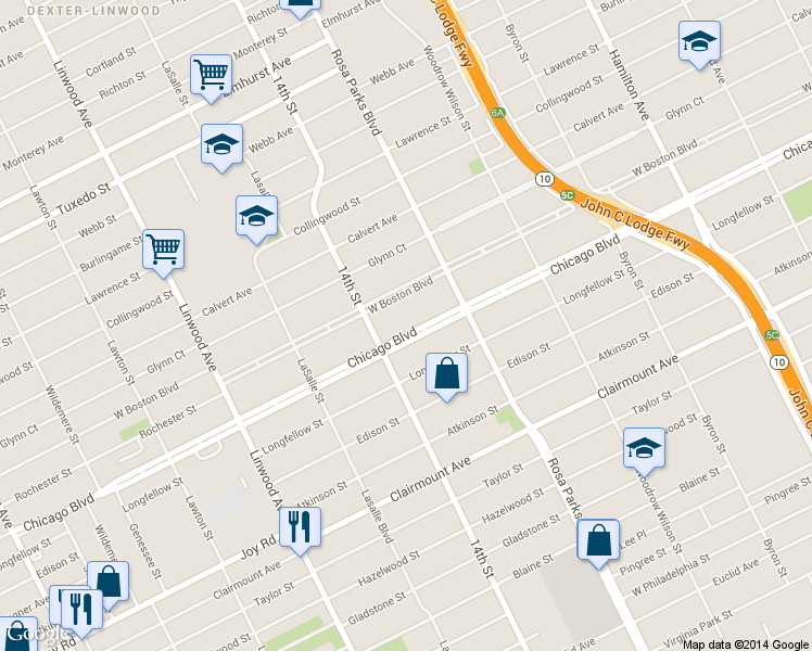 map of restaurants, bars, coffee shops, grocery stores, and more near 2030 Chicago Boulevard in Detroit