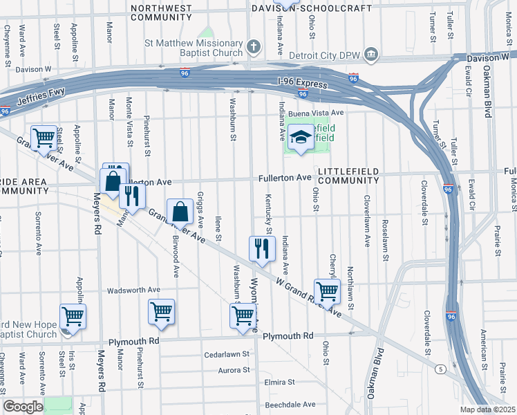 map of restaurants, bars, coffee shops, grocery stores, and more near 12326 Wyoming Avenue in Detroit