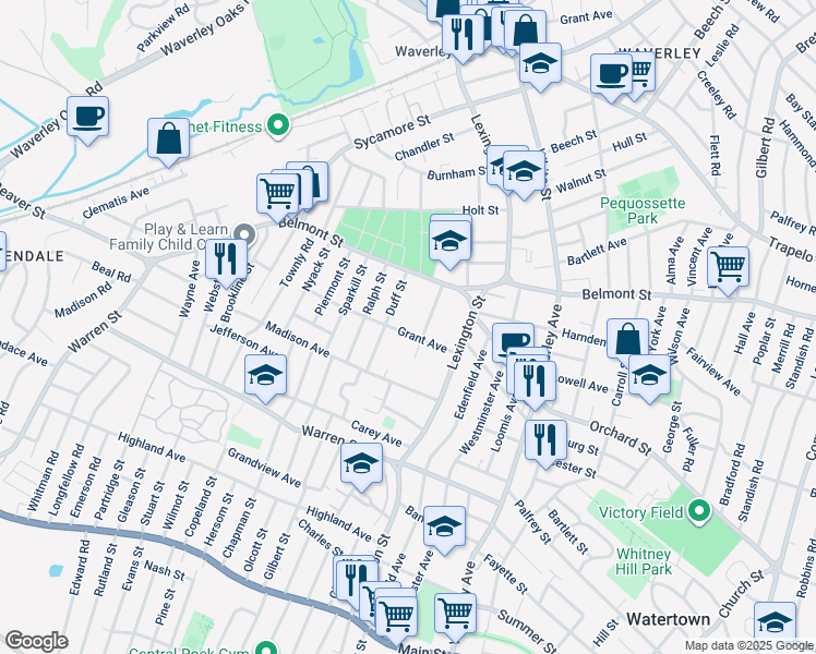 map of restaurants, bars, coffee shops, grocery stores, and more near 45 Grant Avenue in Watertown