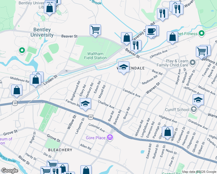 map of restaurants, bars, coffee shops, grocery stores, and more near 55 Mayall Road in Waltham