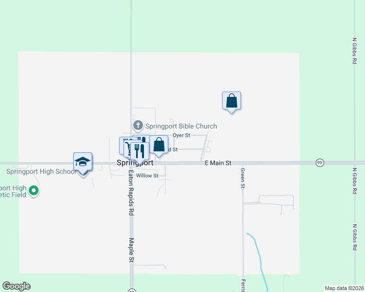 map of restaurants, bars, coffee shops, grocery stores, and more near 325 Grand Street in Springport