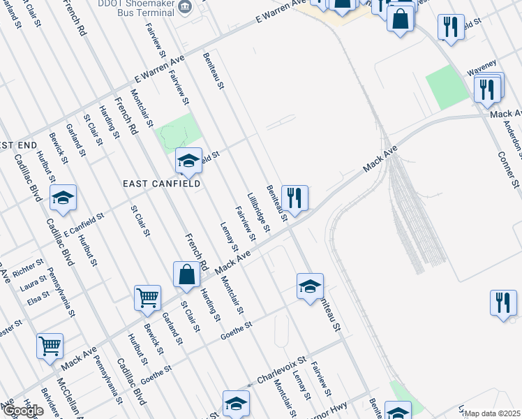 map of restaurants, bars, coffee shops, grocery stores, and more near 3894 Lillibridge Street in Detroit