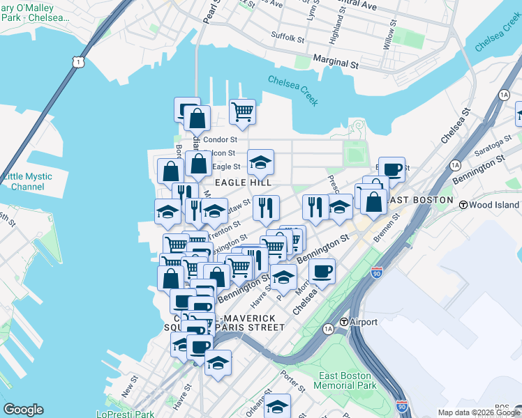 map of restaurants, bars, coffee shops, grocery stores, and more near 166 Brooks Street in Boston