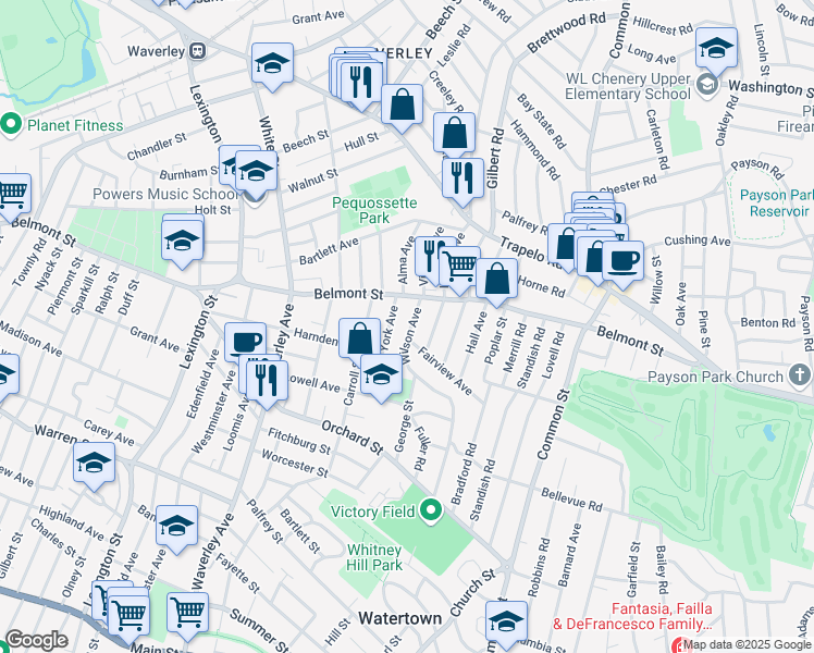 map of restaurants, bars, coffee shops, grocery stores, and more near 25 Wilson Avenue in Watertown