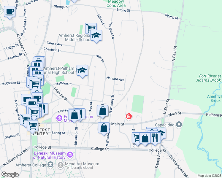 map of restaurants, bars, coffee shops, grocery stores, and more near 106 North Whitney Street in Amherst
