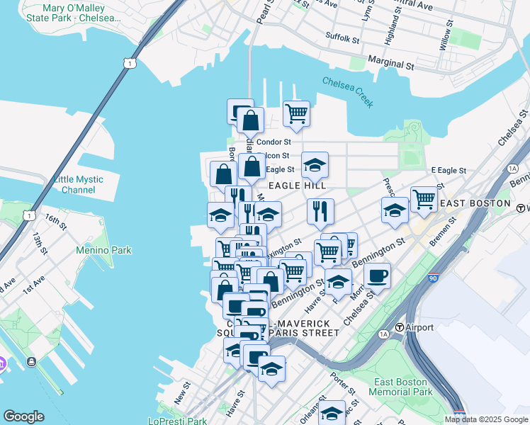 map of restaurants, bars, coffee shops, grocery stores, and more near 13 Monmouth Street in Boston