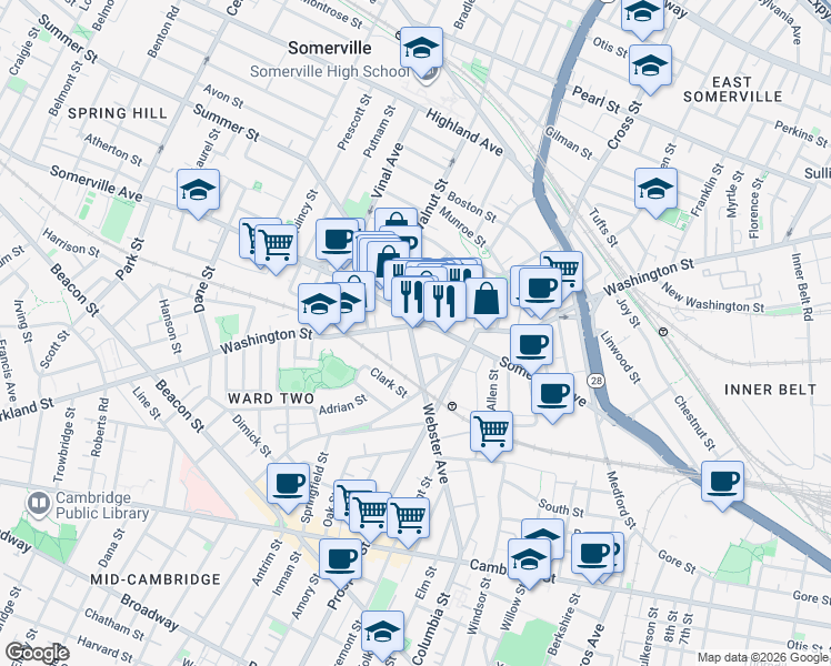 map of restaurants, bars, coffee shops, grocery stores, and more near 9 Union Square in Somerville