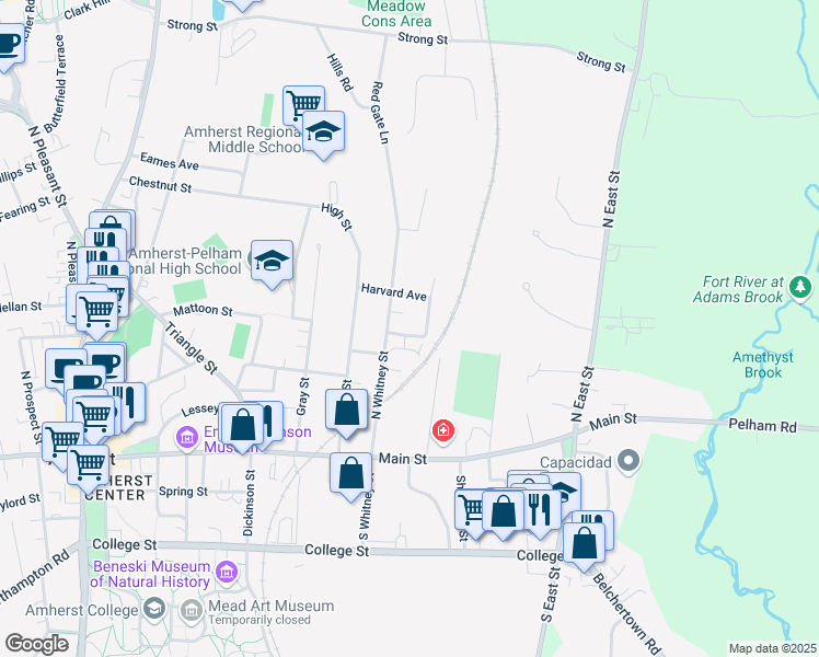 map of restaurants, bars, coffee shops, grocery stores, and more near 18 Grove Street in Amherst