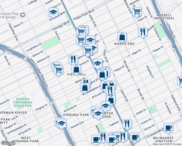 map of restaurants, bars, coffee shops, grocery stores, and more near 50 Blaine Street in Detroit