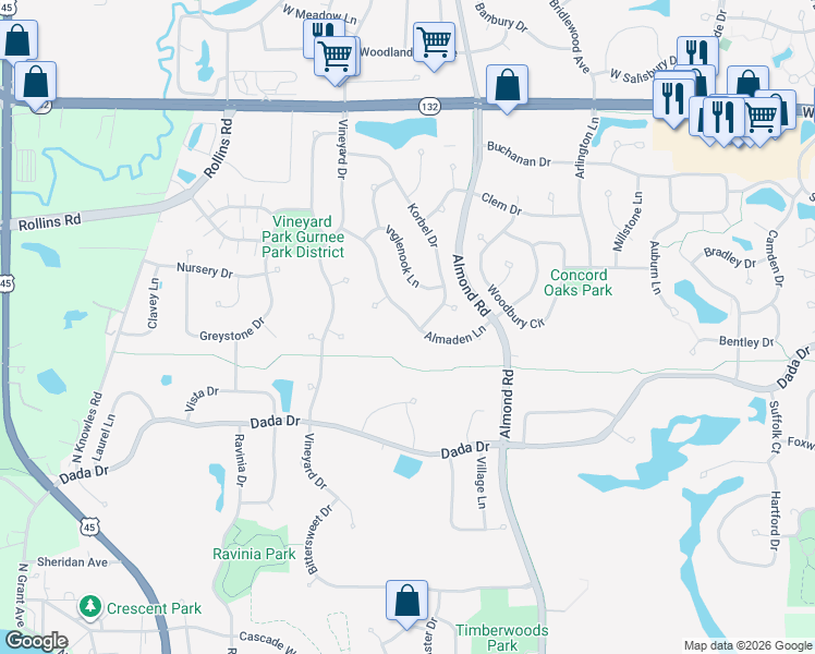 map of restaurants, bars, coffee shops, grocery stores, and more near 1428 Almaden Lane in Gurnee