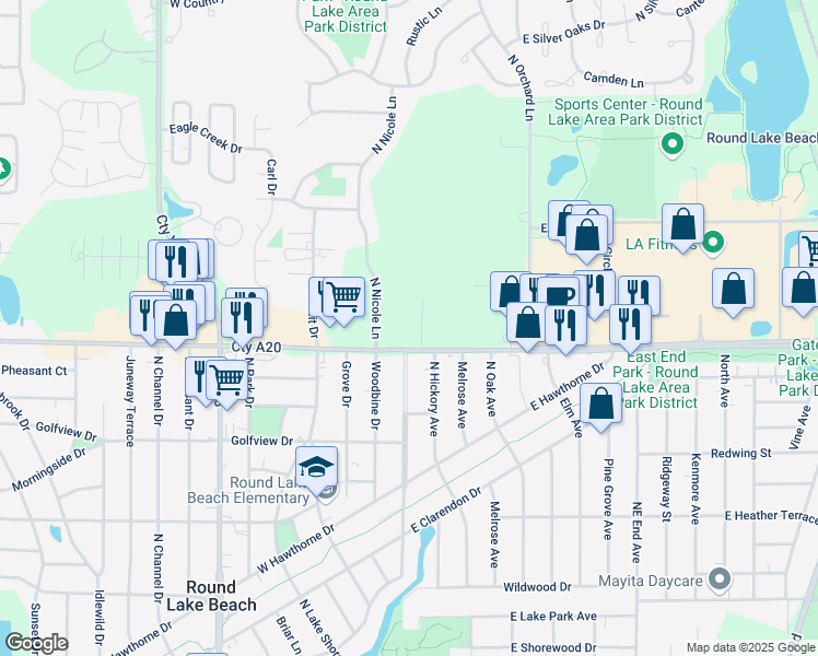 map of restaurants, bars, coffee shops, grocery stores, and more near 2 East Rollins Road in Round Lake Beach