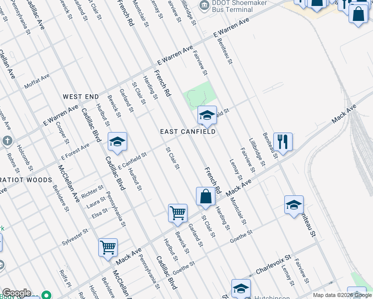 map of restaurants, bars, coffee shops, grocery stores, and more near 3972 Harding Street in Detroit