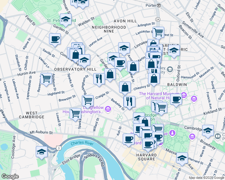 map of restaurants, bars, coffee shops, grocery stores, and more near Concord Ave & Craigie St in Cambridge