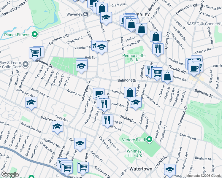 map of restaurants, bars, coffee shops, grocery stores, and more near 289 Waverley Avenue in Watertown