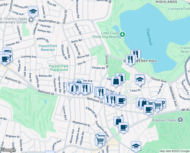 map of restaurants, bars, coffee shops, grocery stores, and more near 69 Foster Road in Belmont