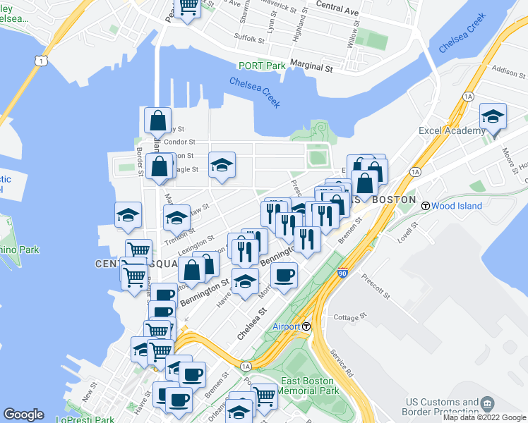map of restaurants, bars, coffee shops, grocery stores, and more near Lexington Street & Putnam Street in Boston