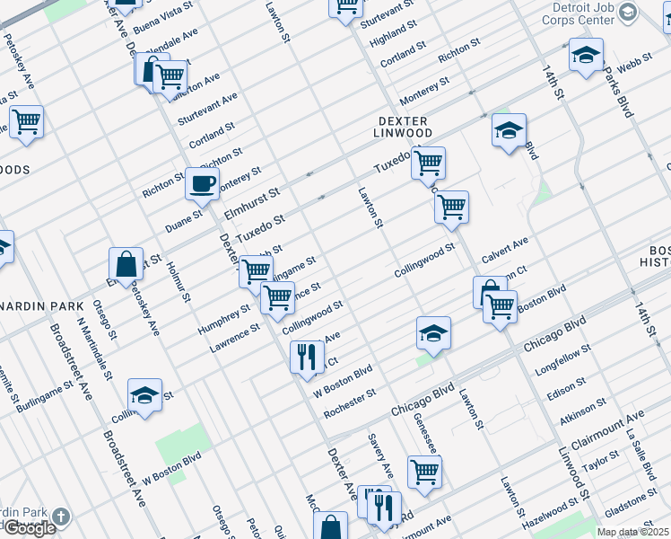 map of restaurants, bars, coffee shops, grocery stores, and more near 3044 Lawrence Street in Detroit
