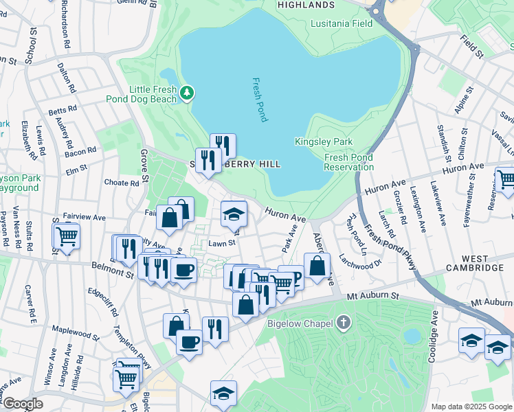 map of restaurants, bars, coffee shops, grocery stores, and more near 626 Huron Avenue in Cambridge
