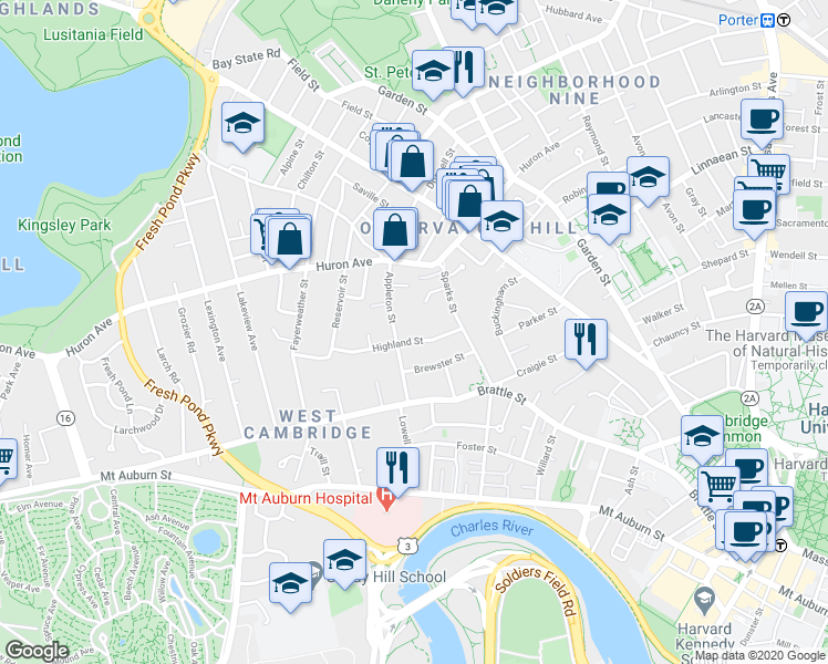 map of restaurants, bars, coffee shops, grocery stores, and more near 23 Highland Street in Cambridge